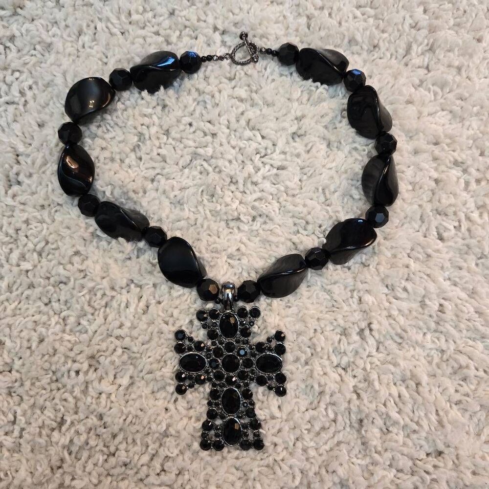 Chunky Black Rhinestone Silver Cross & Bead Necklace Removeable Pendant
